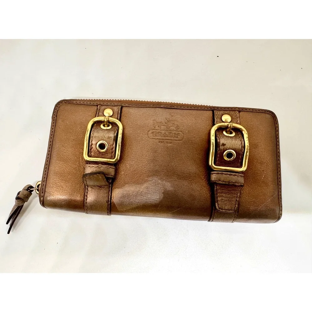 Coach Metallic Bronze Leather Zip Around Buckle Wallet Vintage Y2K Brass Logo